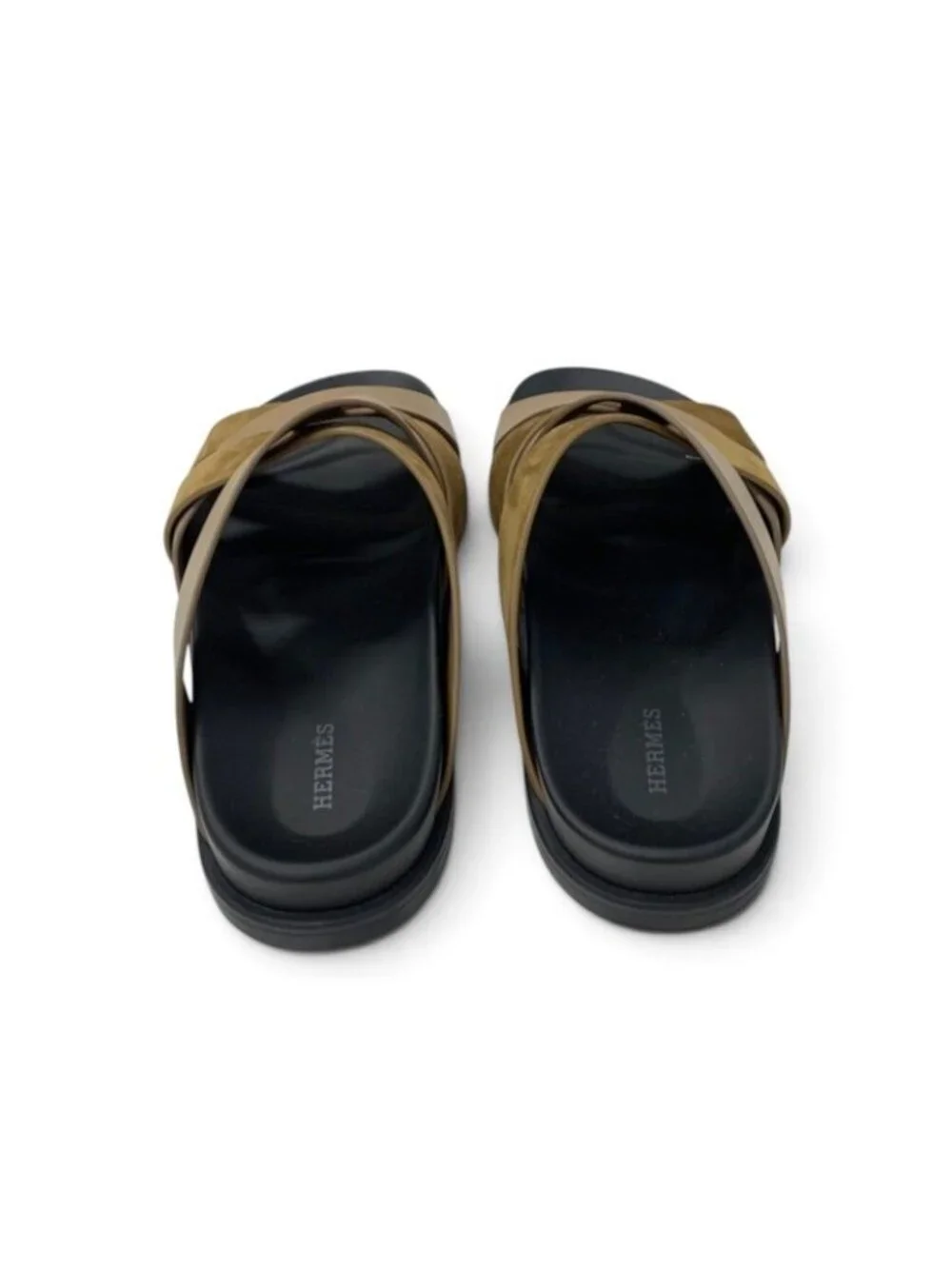 Hermes Casimir Sandals Shoes Leather Suede Brown Black Flat